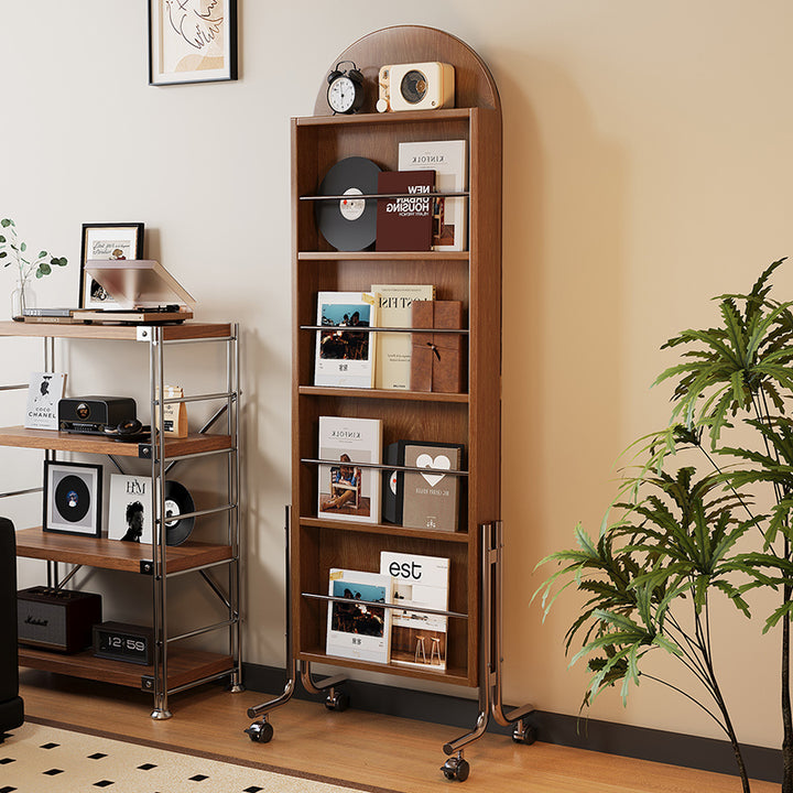 Zeitgenössisches nordisches Gummibaumholz Edelstahl Glas Ellipsen-Bücherregal 4-stufiger beweglicher Ganzkörperspiegel für das Wohnzimmer 