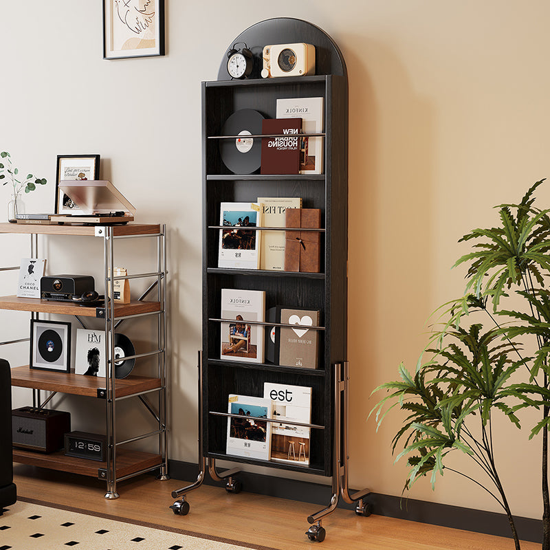 Zeitgenössisches nordisches Gummibaumholz Edelstahl Glas Ellipsen-Bücherregal 4-stufiger beweglicher Ganzkörperspiegel für das Wohnzimmer 