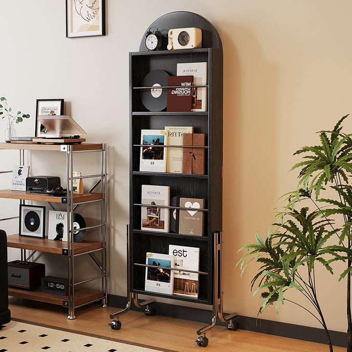 Zeitgenössisches nordisches Gummibaumholz Edelstahl Glas Ellipsen-Bücherregal 4-stufiger beweglicher Ganzkörperspiegel für das Wohnzimmer 