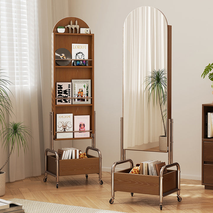 Zeitgenössisches nordisches Gummibaumholz Edelstahl Glas Ellipsen-Bücherregal 4-stufiger beweglicher Ganzkörperspiegel für das Wohnzimmer 