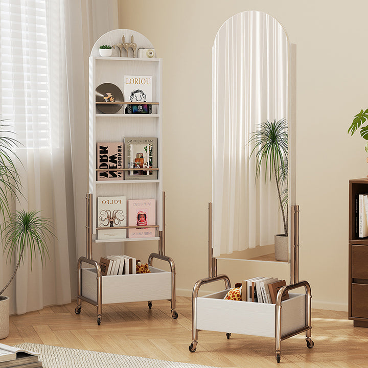 Zeitgenössisches nordisches Gummibaumholz Edelstahl Glas Ellipsen-Bücherregal 4-stufiger beweglicher Ganzkörperspiegel für das Wohnzimmer 