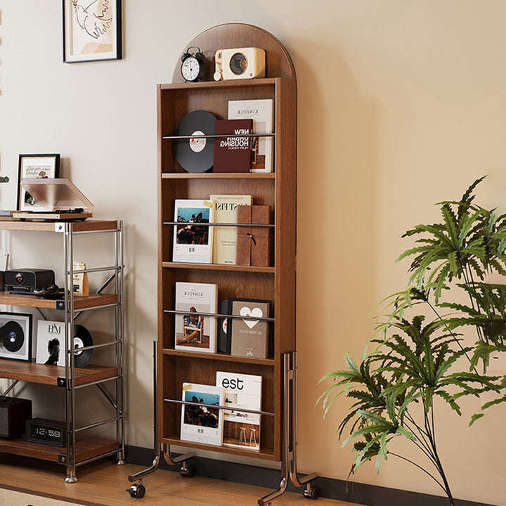 Zeitgenössisches nordisches Gummibaumholz Edelstahl Glas Ellipsen-Bücherregal 4-stufiger beweglicher Ganzkörperspiegel für das Wohnzimmer 