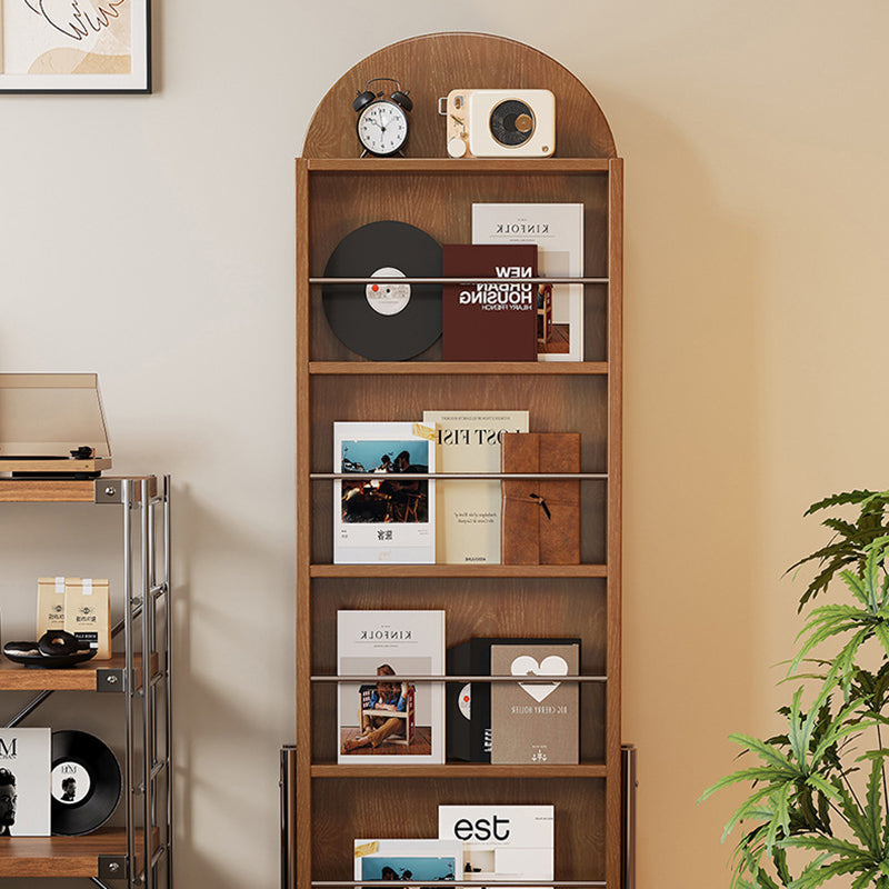 Zeitgenössisches nordisches Gummibaumholz Edelstahl Glas Ellipsen-Bücherregal 4-stufiger beweglicher Ganzkörperspiegel für das Wohnzimmer 