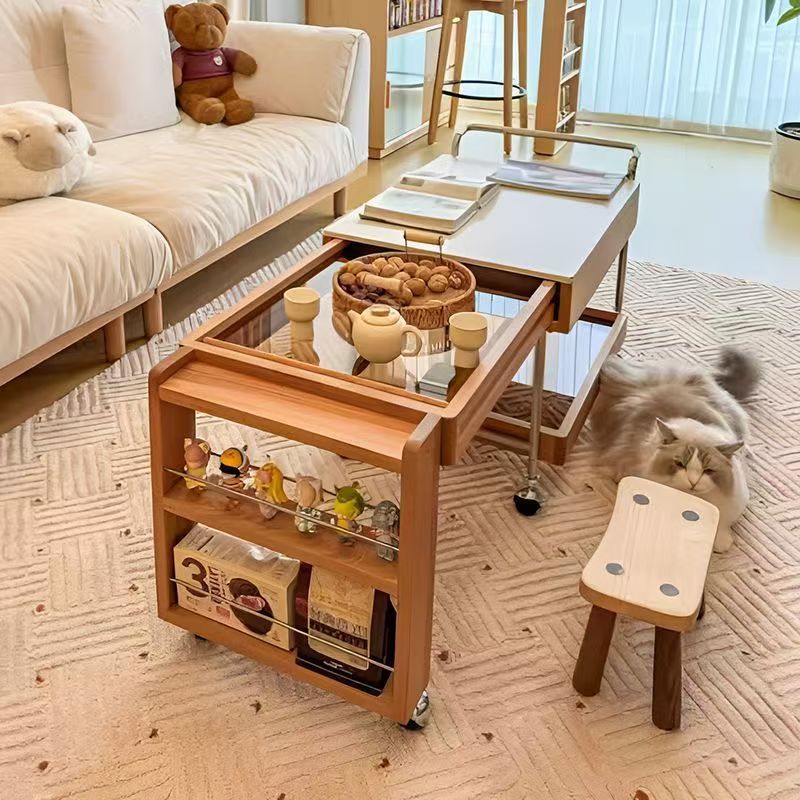 Moderner minimalistischer Steintisch aus Massivholz Sperrholz Glas Edelstahl Rechteckiger Beistelltisch Beweglicher 2-stufiger Stauraum für Wohnzimmer 