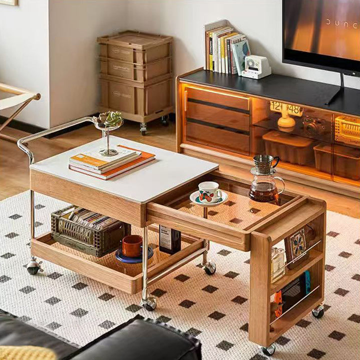 Moderner minimalistischer Steintisch aus Massivholz Sperrholz Glas Edelstahl Rechteckiger Beistelltisch Beweglicher 2-stufiger Stauraum für Wohnzimmer 