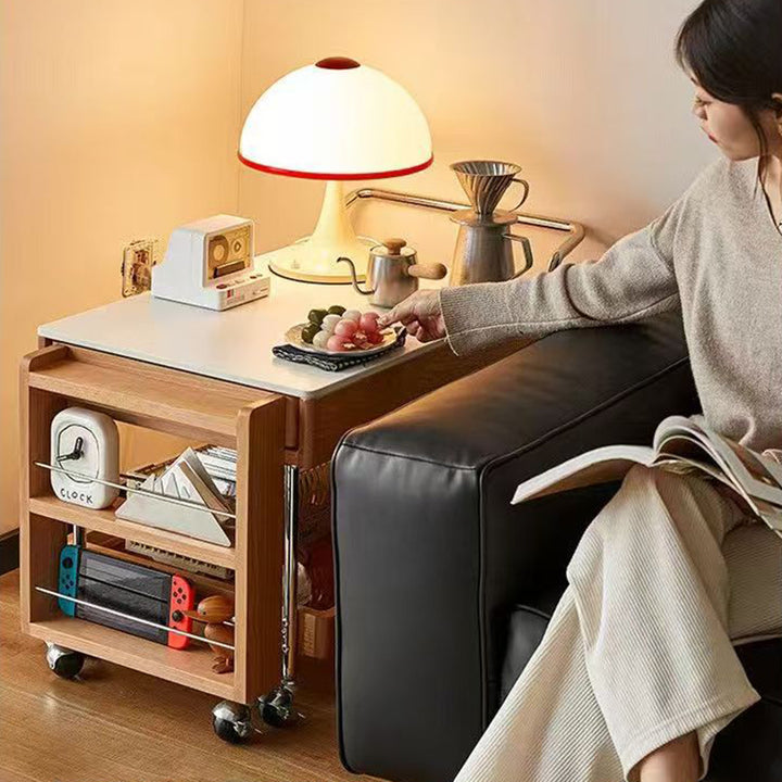 Moderner minimalistischer Steintisch aus Massivholz Sperrholz Glas Edelstahl Rechteckiger Beistelltisch Beweglicher 2-stufiger Stauraum für Wohnzimmer 