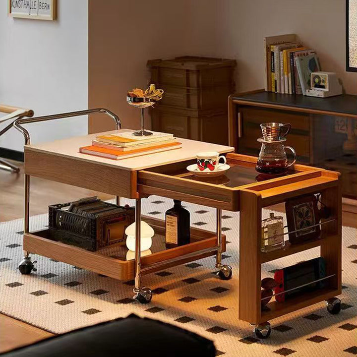 Moderner minimalistischer Steintisch aus Massivholz Sperrholz Glas Edelstahl Rechteckiger Beistelltisch Beweglicher 2-stufiger Stauraum für Wohnzimmer 