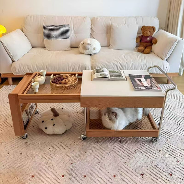 Moderner minimalistischer Steintisch aus Massivholz Sperrholz Glas Edelstahl Rechteckiger Beistelltisch Beweglicher 2-stufiger Stauraum für Wohnzimmer 