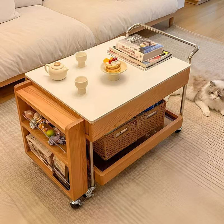 Moderner minimalistischer Steintisch aus Massivholz Sperrholz Glas Edelstahl Rechteckiger Beistelltisch Beweglicher 2-stufiger Stauraum für Wohnzimmer 