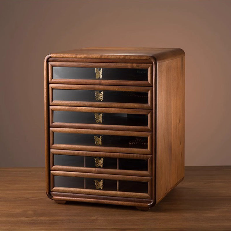 Gabinete de almacenamiento cuadrado de vidrio de cobre y nogal negro retro contemporáneo con 6 cajones para sala de estar 