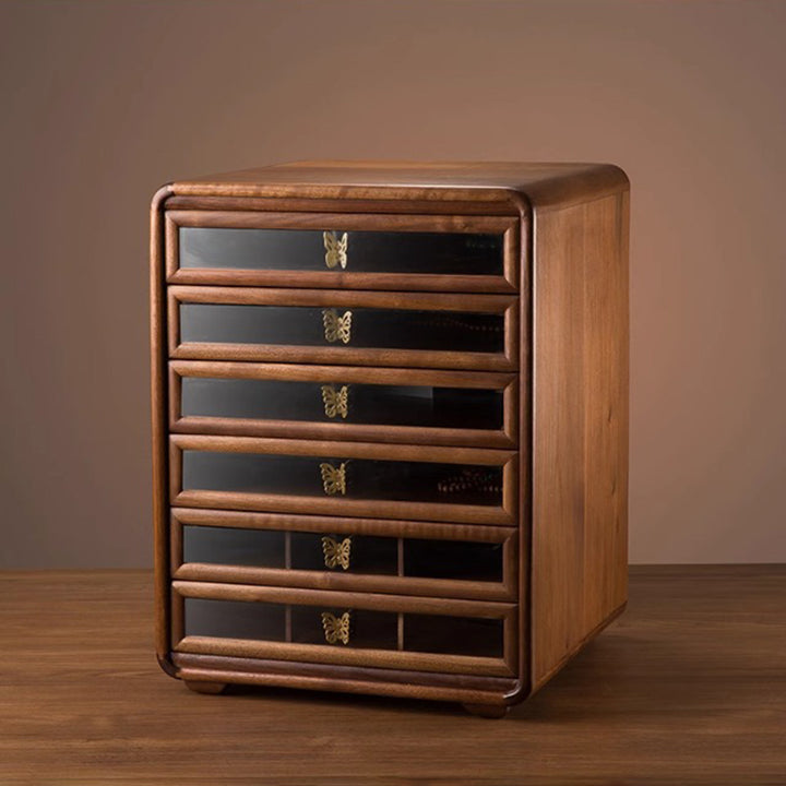 Gabinete de almacenamiento cuadrado de vidrio de cobre y nogal negro retro contemporáneo con 6 cajones para sala de estar 