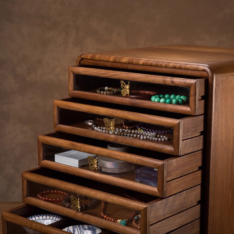 Gabinete de almacenamiento cuadrado de vidrio de cobre y nogal negro retro contemporáneo con 6 cajones para sala de estar 
