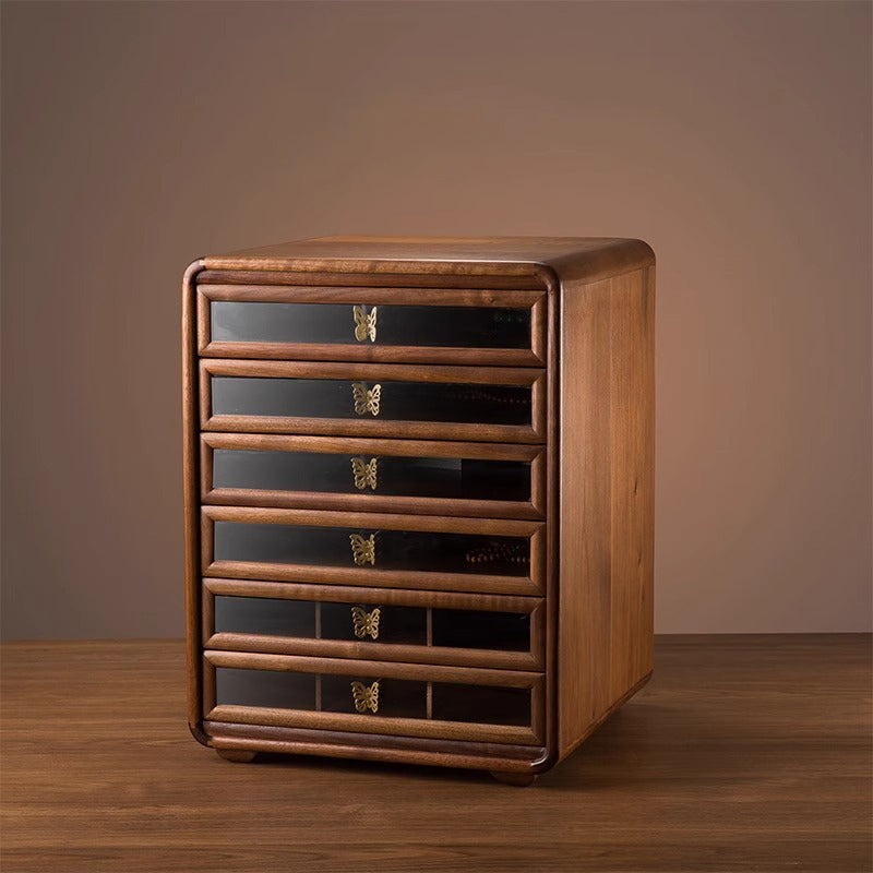 Gabinete de almacenamiento cuadrado de vidrio de cobre y nogal negro retro contemporáneo con 6 cajones para sala de estar 