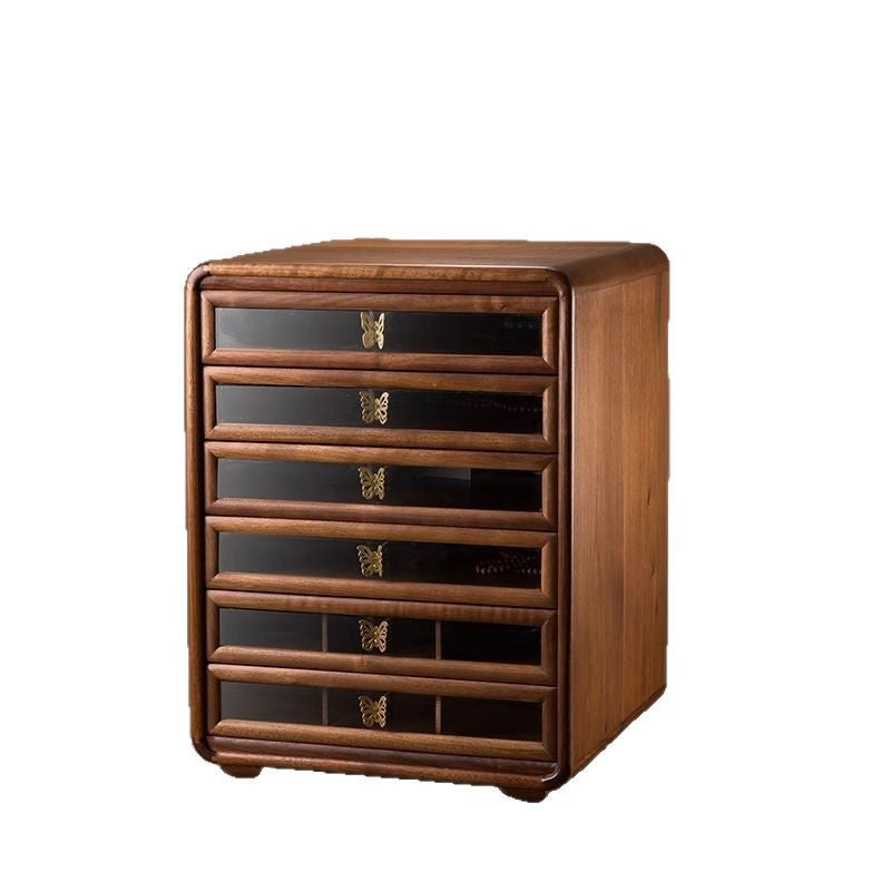 Gabinete de almacenamiento cuadrado de vidrio de cobre y nogal negro retro contemporáneo con 6 cajones para sala de estar 