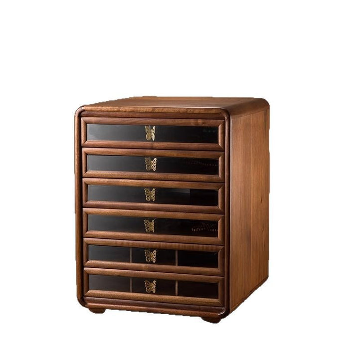 Gabinete de almacenamiento cuadrado de vidrio de cobre y nogal negro retro contemporáneo con 6 cajones para sala de estar 
