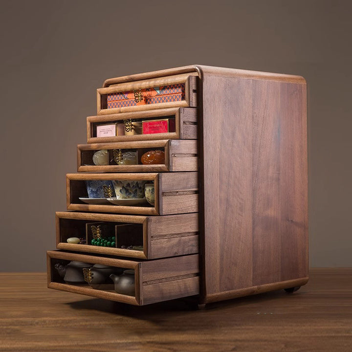 Gabinete de almacenamiento cuadrado de vidrio de cobre y nogal negro retro contemporáneo con 6 cajones para sala de estar 
