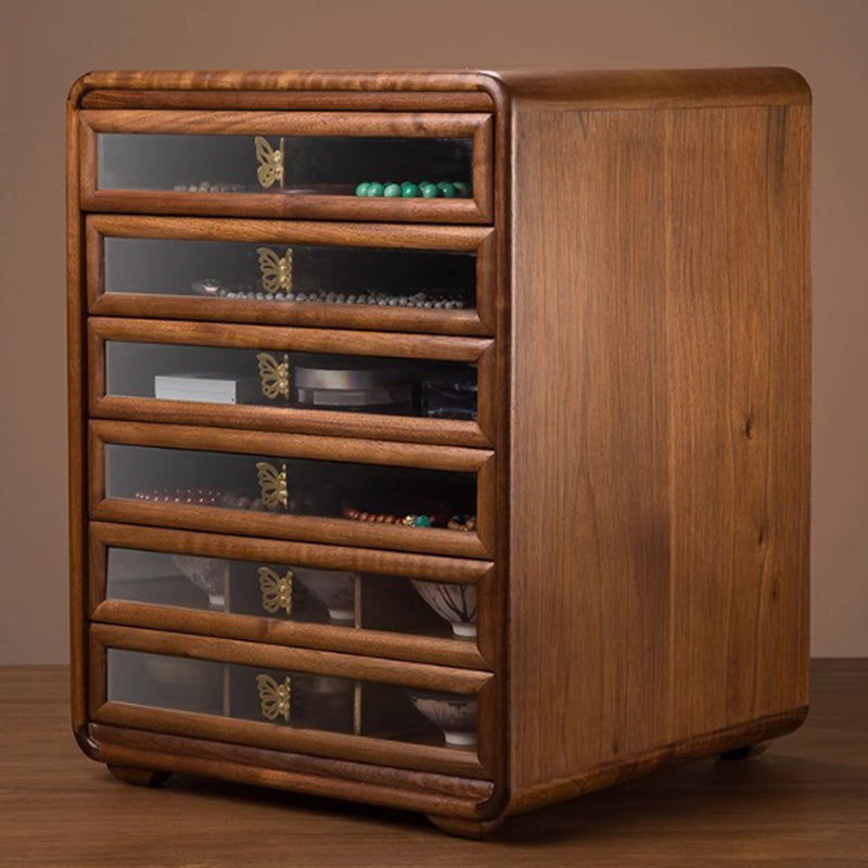 Gabinete de almacenamiento cuadrado de vidrio de cobre y nogal negro retro contemporáneo con 6 cajones para sala de estar 