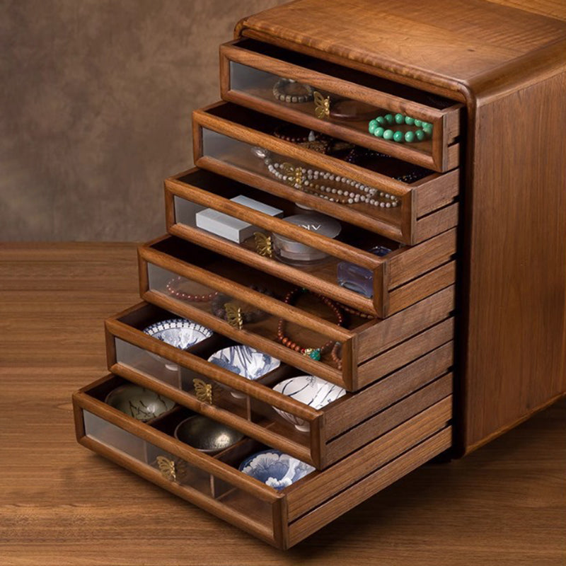 Gabinete de almacenamiento cuadrado de vidrio de cobre y nogal negro retro contemporáneo con 6 cajones para sala de estar 