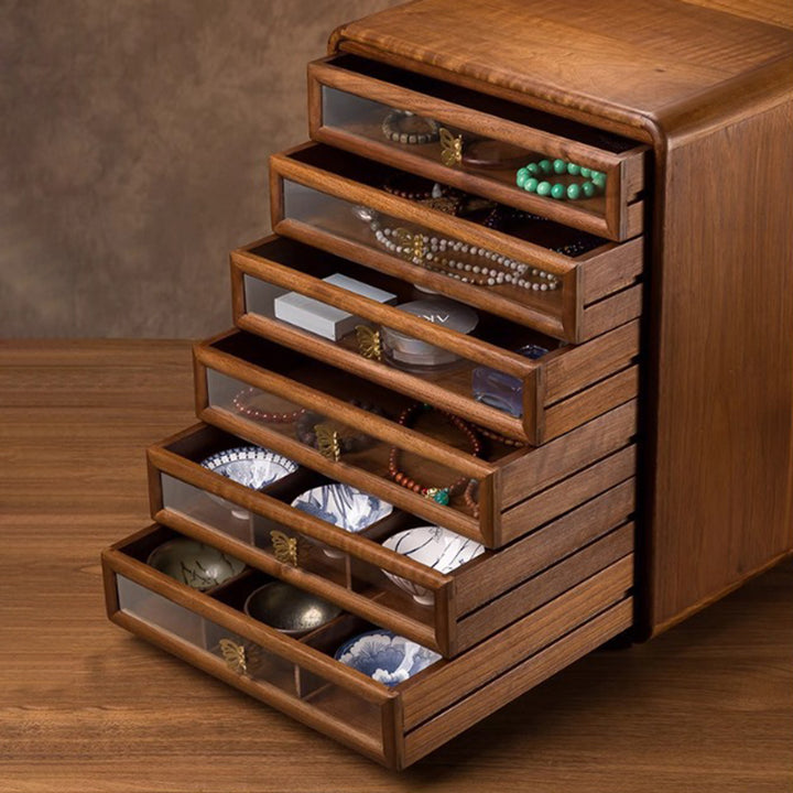Gabinete de almacenamiento cuadrado de vidrio de cobre y nogal negro retro contemporáneo con 6 cajones para sala de estar 