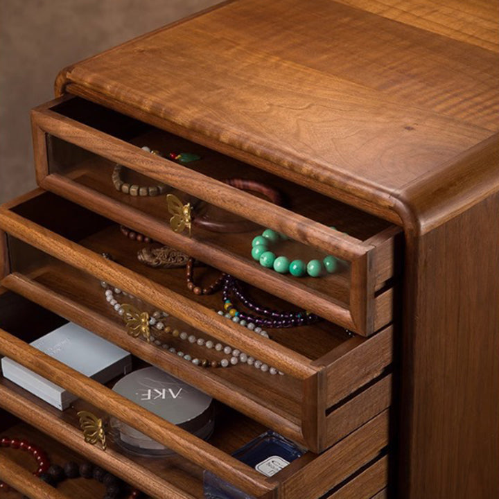Gabinete de almacenamiento cuadrado de vidrio de cobre y nogal negro retro contemporáneo con 6 cajones para sala de estar 