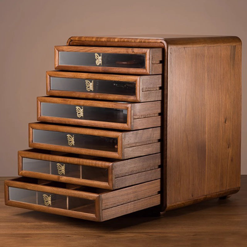 Gabinete de almacenamiento cuadrado de vidrio de cobre y nogal negro retro contemporáneo con 6 cajones para sala de estar 