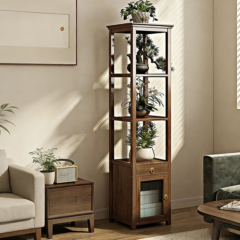 Traditional Chinese Nan Bamboo Acrylic Iron Square Display Rack 1/2/3/4-Tier Multiple Shelves For Living Room