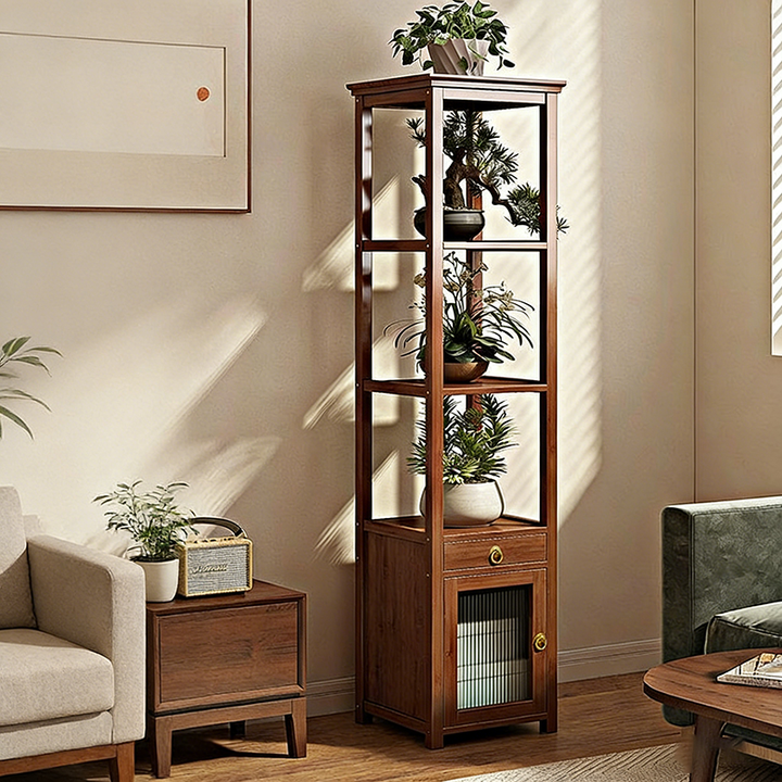 Traditionelles chinesisches quadratisches Nan-Bambus-MDF-Acryl-Display-Regal 1/2/3/4-stufig für das Wohnzimmer 