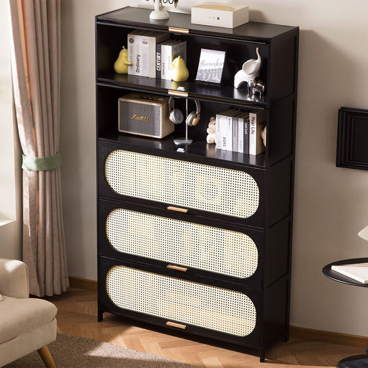 Armoire de rangement rectangulaire à tissage 5 niveaux pour salon, en bambou nan moderne minimaliste, MDF, plastique, rotin 