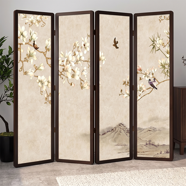 Traditionelle chinesische Kiefernholz-Georgette-Stoff-Rechteck-Raumteiler Faltbar für Wohnzimmer 