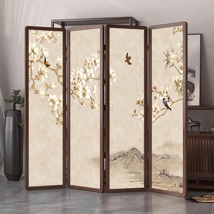 Traditionelle chinesische Kiefernholz-Georgette-Stoff-Rechteck-Raumteiler Faltbar für Wohnzimmer 