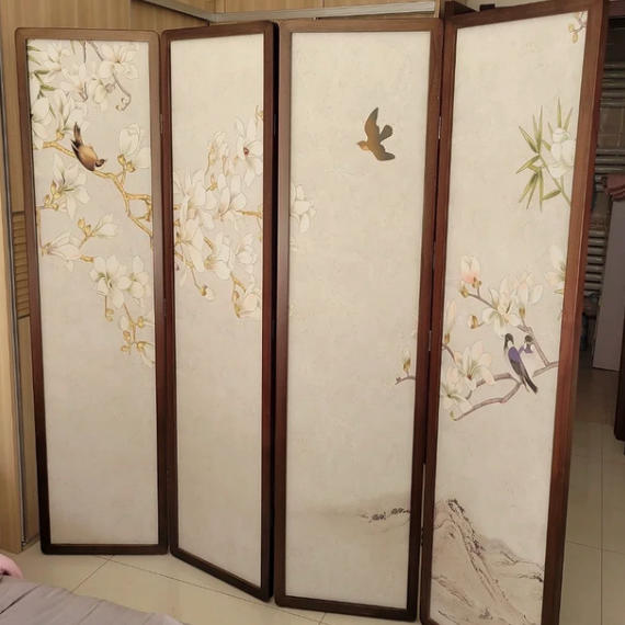 Traditionelle chinesische Kiefernholz-Georgette-Stoff-Rechteck-Raumteiler Faltbar für Wohnzimmer 
