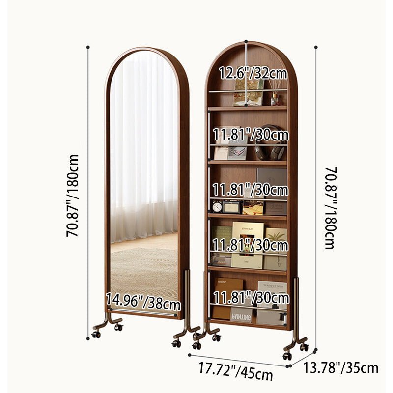 Moderne Mid-Century Regal aus Gummibaum-Massivholz, Sperrholz und Edelstahl Ellipsenform mit 360° drehbarem Ganzkörperspiegel für das Wohnzimmer 