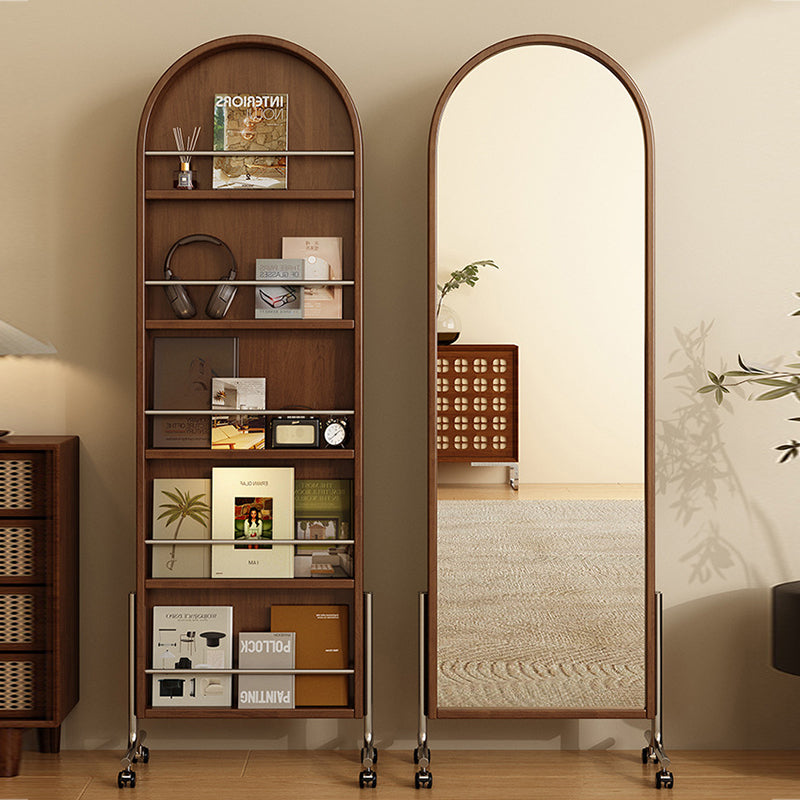 Moderne Mid-Century Regal aus Gummibaum-Massivholz, Sperrholz und Edelstahl Ellipsenform mit 360° drehbarem Ganzkörperspiegel für das Wohnzimmer 