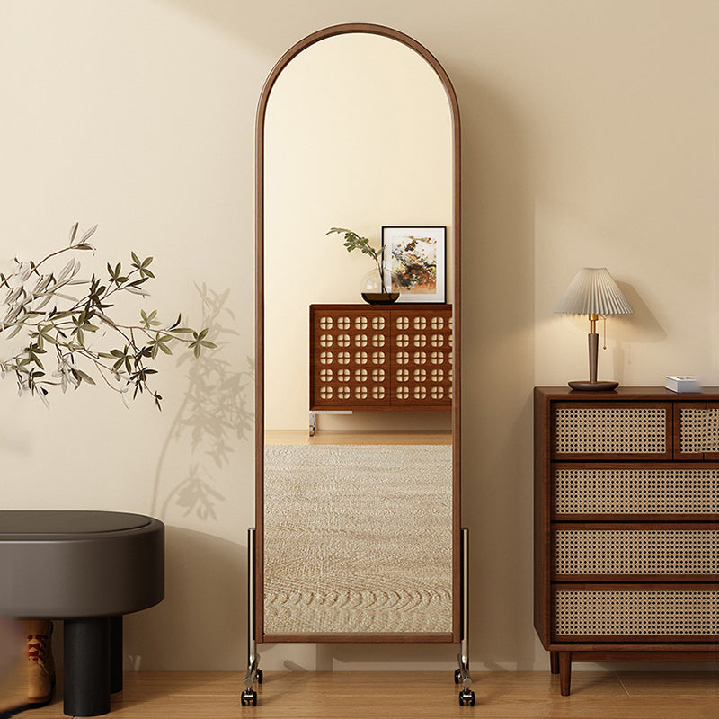 Moderne Mid-Century Regal aus Gummibaum-Massivholz, Sperrholz und Edelstahl Ellipsenform mit 360° drehbarem Ganzkörperspiegel für das Wohnzimmer 