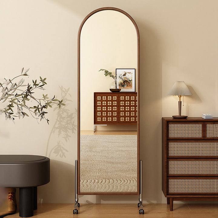 Moderne Mid-Century Regal aus Gummibaum-Massivholz, Sperrholz und Edelstahl Ellipsenform mit 360° drehbarem Ganzkörperspiegel für das Wohnzimmer 