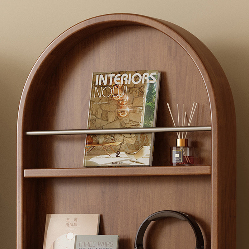 Moderne Mid-Century Regal aus Gummibaum-Massivholz, Sperrholz und Edelstahl Ellipsenform mit 360° drehbarem Ganzkörperspiegel für das Wohnzimmer 