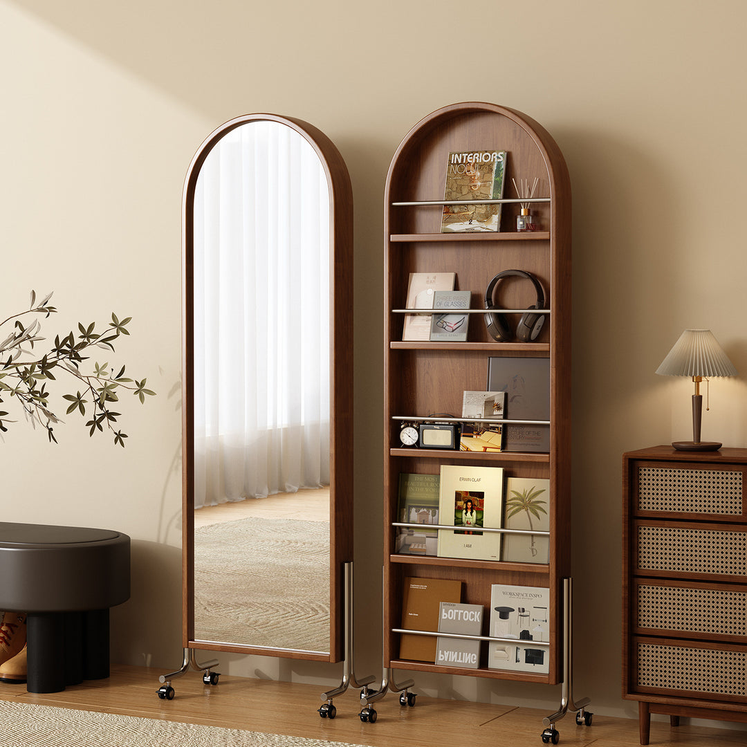 Moderne Mid-Century Regal aus Gummibaum-Massivholz, Sperrholz und Edelstahl Ellipsenform mit 360° drehbarem Ganzkörperspiegel für das Wohnzimmer 