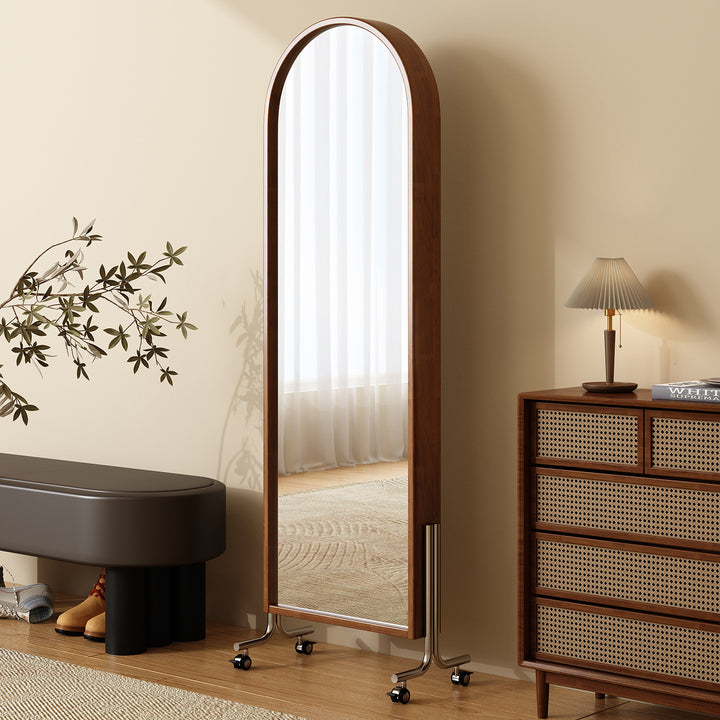 Moderne Mid-Century Regal aus Gummibaum-Massivholz, Sperrholz und Edelstahl Ellipsenform mit 360° drehbarem Ganzkörperspiegel für das Wohnzimmer 