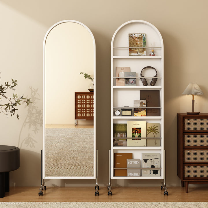 Moderne Mid-Century Regal aus Gummibaum-Massivholz, Sperrholz und Edelstahl Ellipsenform mit 360° drehbarem Ganzkörperspiegel für das Wohnzimmer 