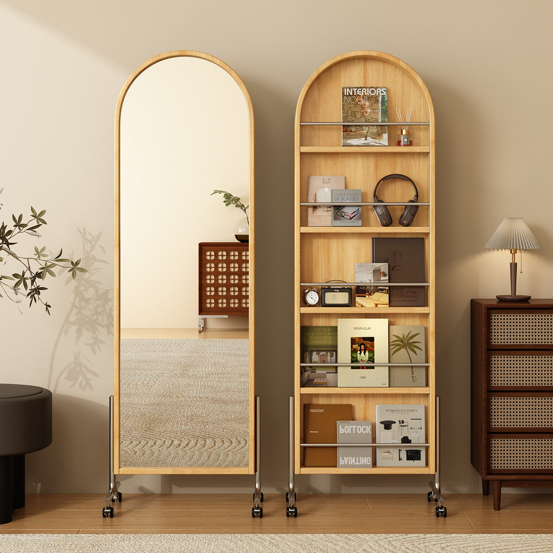 Moderne Mid-Century Regal aus Gummibaum-Massivholz, Sperrholz und Edelstahl Ellipsenform mit 360° drehbarem Ganzkörperspiegel für das Wohnzimmer 