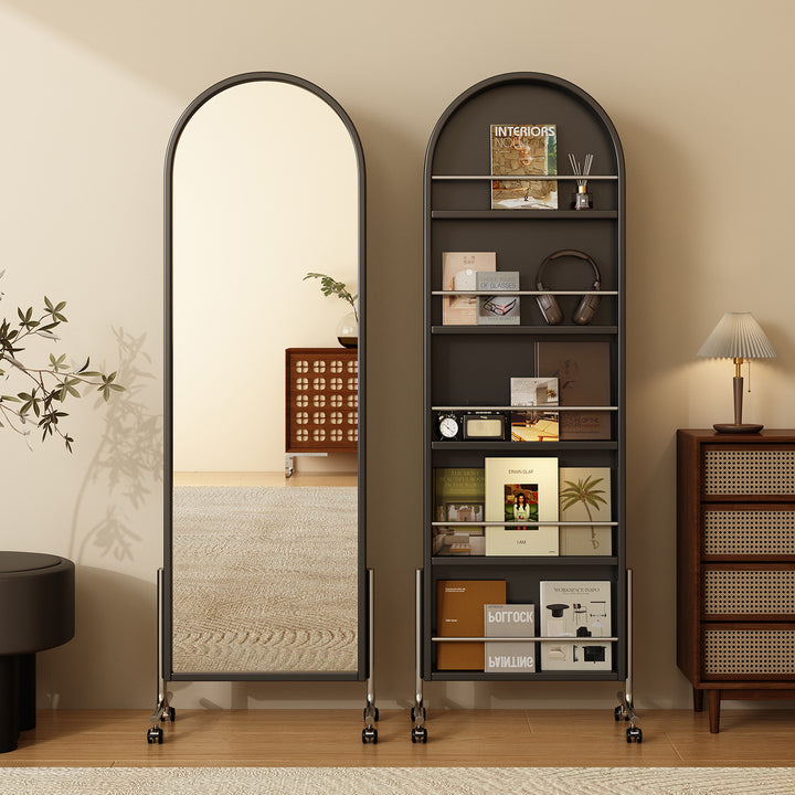 Moderne Mid-Century Regal aus Gummibaum-Massivholz, Sperrholz und Edelstahl Ellipsenform mit 360° drehbarem Ganzkörperspiegel für das Wohnzimmer 