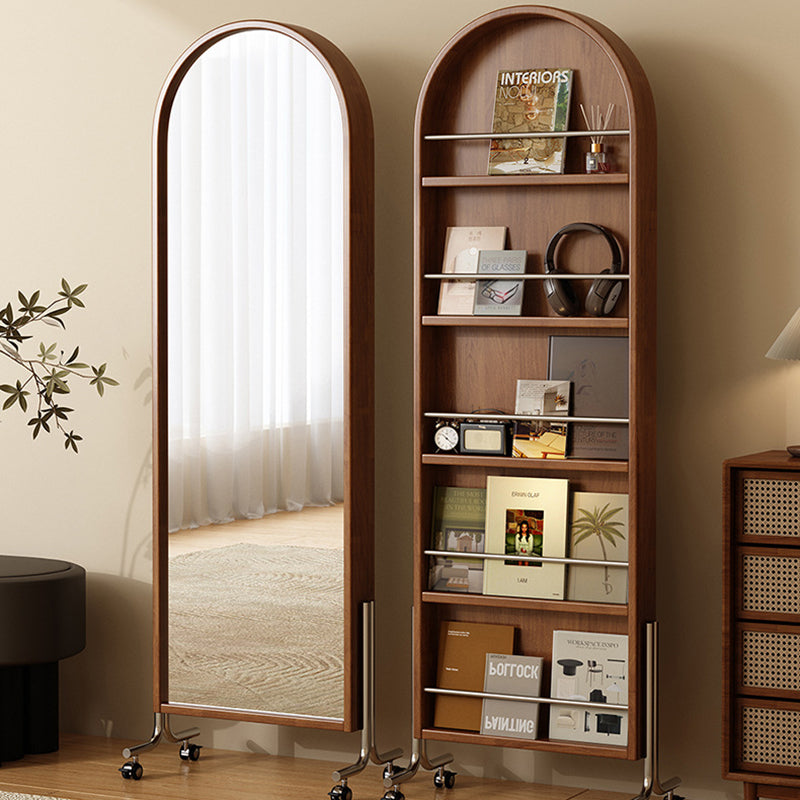 Moderne Mid-Century Regal aus Gummibaum-Massivholz, Sperrholz und Edelstahl Ellipsenform mit 360° drehbarem Ganzkörperspiegel für das Wohnzimmer 