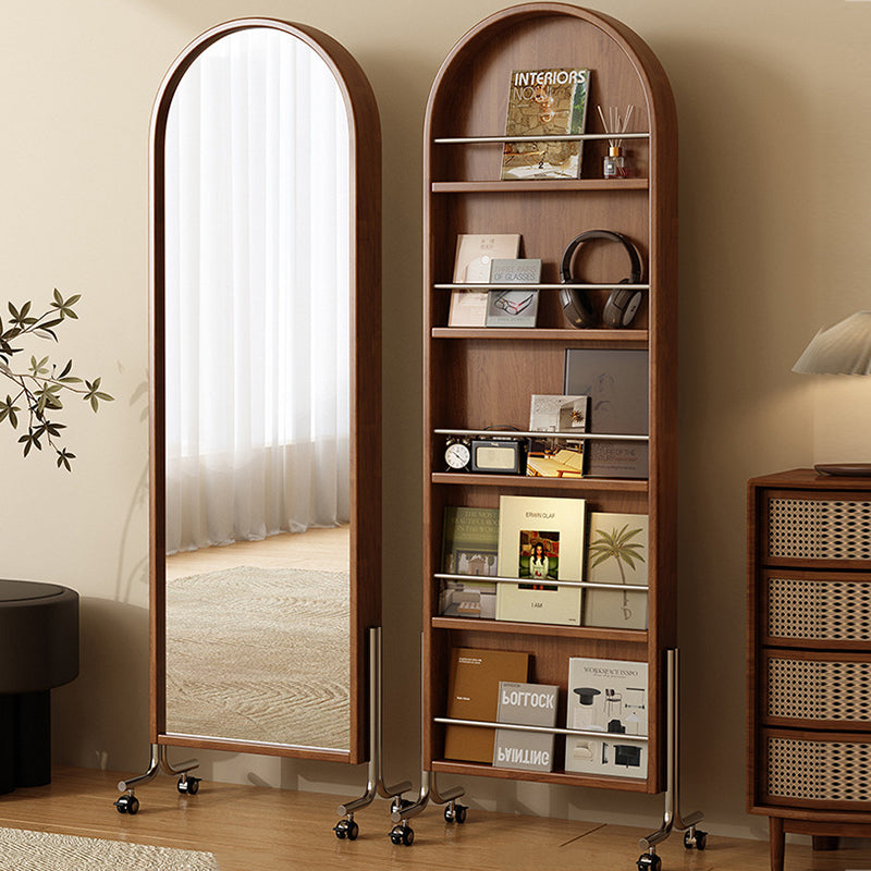 Moderne Mid-Century Regal aus Gummibaum-Massivholz, Sperrholz und Edelstahl Ellipsenform mit 360° drehbarem Ganzkörperspiegel für das Wohnzimmer 