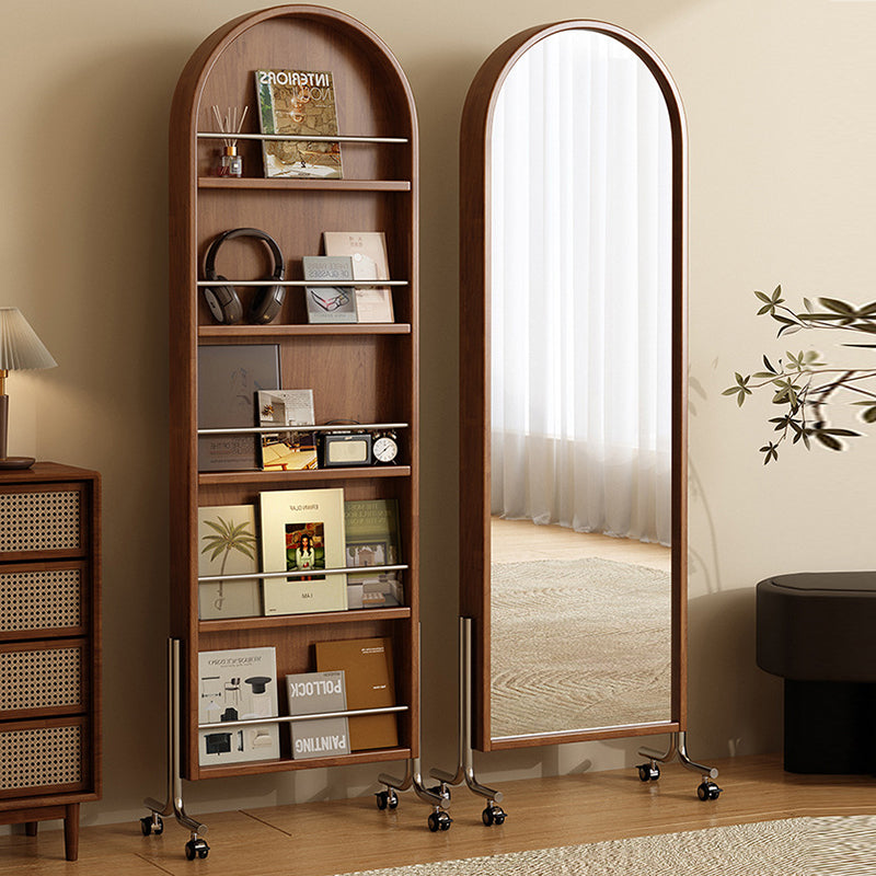 Moderne Mid-Century Regal aus Gummibaum-Massivholz, Sperrholz und Edelstahl Ellipsenform mit 360° drehbarem Ganzkörperspiegel für das Wohnzimmer 