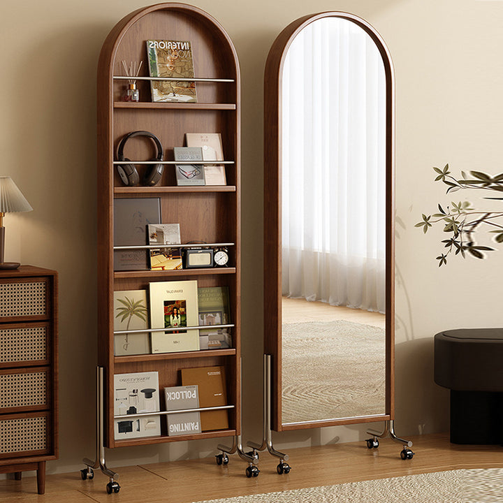 Moderne Mid-Century Regal aus Gummibaum-Massivholz, Sperrholz und Edelstahl Ellipsenform mit 360° drehbarem Ganzkörperspiegel für das Wohnzimmer 