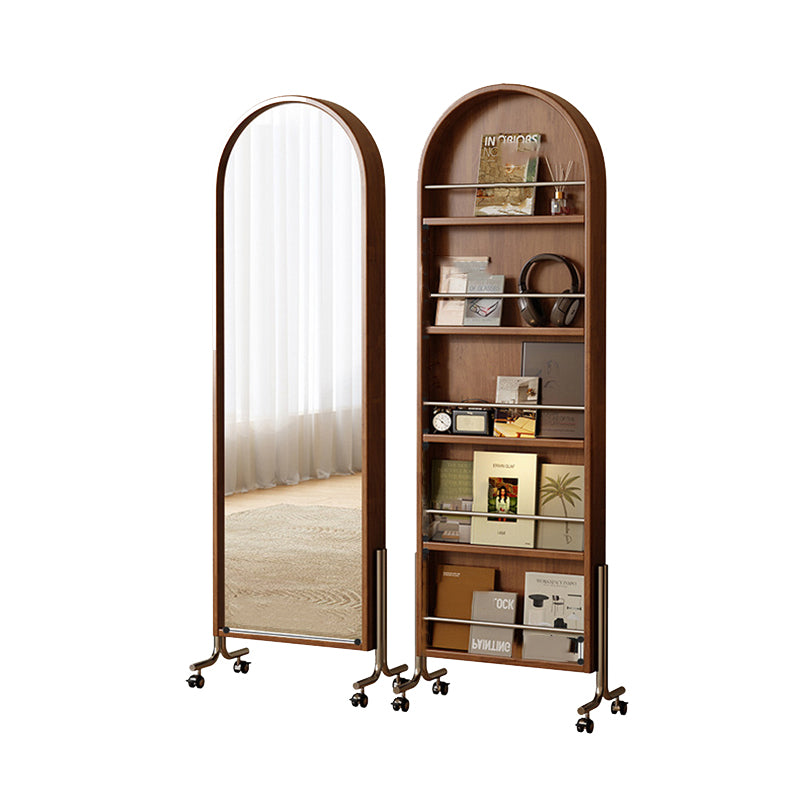 Moderne Mid-Century Regal aus Gummibaum-Massivholz, Sperrholz und Edelstahl Ellipsenform mit 360° drehbarem Ganzkörperspiegel für das Wohnzimmer 
