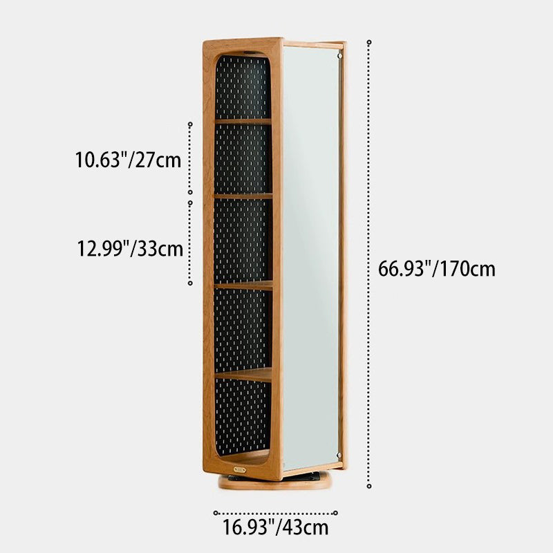 Contemporary Nordic Cherry Wood Aluminum Plywood Square Display Rack 5-Tier Swivel Full-Length Mirror Side Pegboard Storage For Living Room