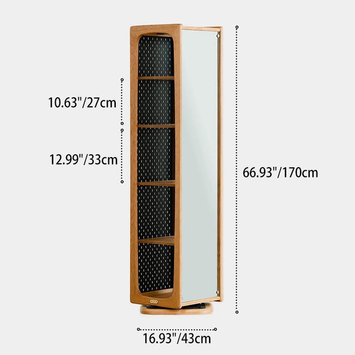 Contemporary Nordic Cherry Wood Aluminum Plywood Square Display Rack 5-Tier Swivel Full-Length Mirror Side Pegboard Storage For Living Room
