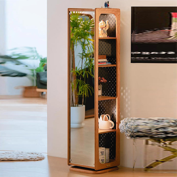 Zeitgenössisches nordisches Kirschholz-Eisen-Quadrat-Display-Regal 5-stufiger drehbarer Ganzkörperspiegel-Seiten-Pegboard-Speicher für Wohnzimmer 