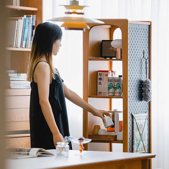 Contemporary Nordic Cherry Wood Aluminum Plywood Square Display Rack 5-Tier Swivel Full-Length Mirror Side Pegboard Storage For Living Room